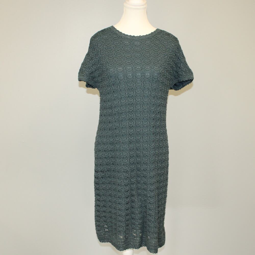 Jones New York Collection Crochet Dress Short Sleeve Lined Large Teal Very Good